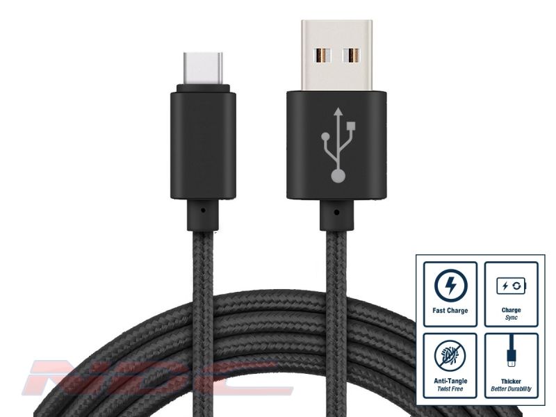 3A Fast Charge Braided USB-A to USB-C 0.25m Cable BLACK