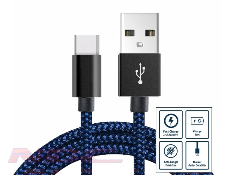 3A Fast Charge Braided USB-A to USB-C 3m Cable BLACK & BLUE