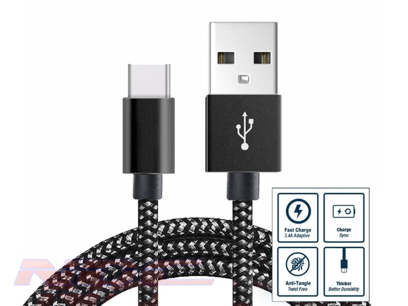 3A Fast Charge Braided USB-A to USB-C 1m Cable BLACK & SILVER