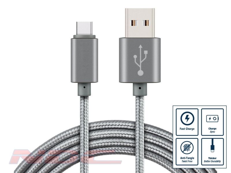 3A Fast Charge Braided USB-A to USB-C 0.25m Cable GREY